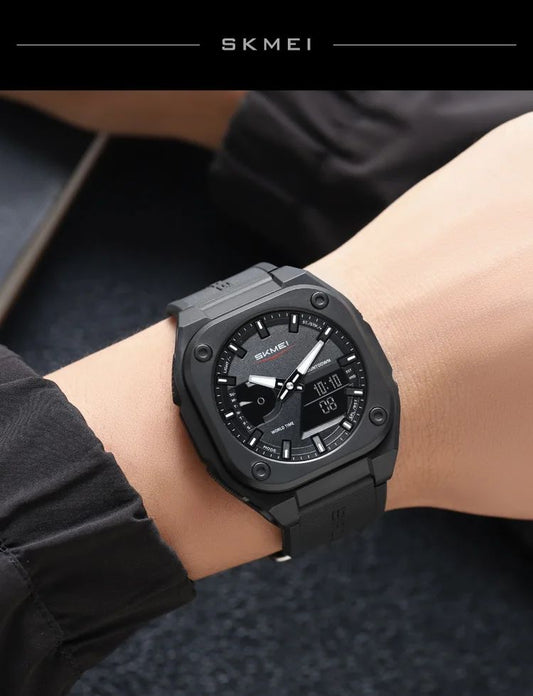 SKMEI Original Men's World Timer Watch β Premium Analog-Digital Sports Chronograph with Heavy-Duty Silicone Strap - Black