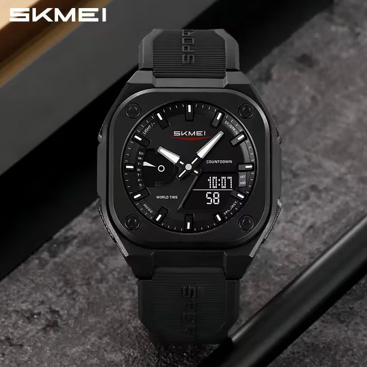 SKMEI Original Men's World Timer Watch – Premium Analog-Digital Sports Chronograph with Heavy-Duty Silicone Strap - Black